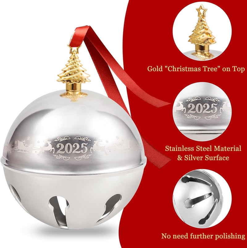 OUMEE 2025 Christmas Bell Ornaments, Sleigh Bell Annual Silver Bell for Christmas Tree Decorations Anniversary Holly Bell Holiday Keepsake - Image 3